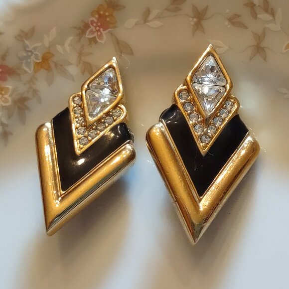Vtg 80s Swarovski Vintage Earrings Black Gold Enamel Clear Crystals Art Deco SAL